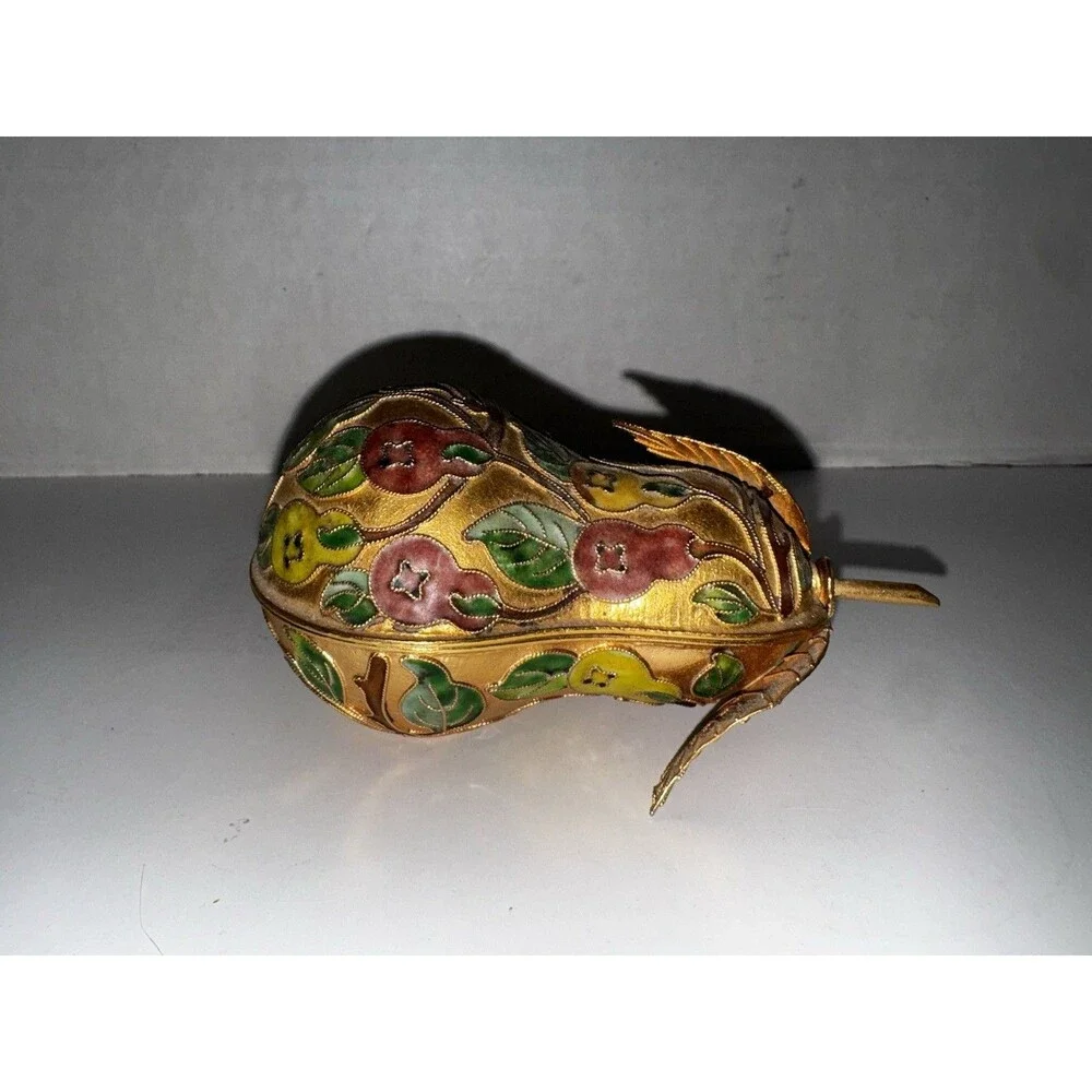 Vintage Cloisonné Pear Trinket Boxes Set of 3 Brass Enamel Lift-Off Lids